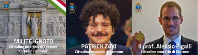 Il "Milite Ignoto", Patrick Zaki e il prof. Alessio Figalli cittadini onorari di Crotone
