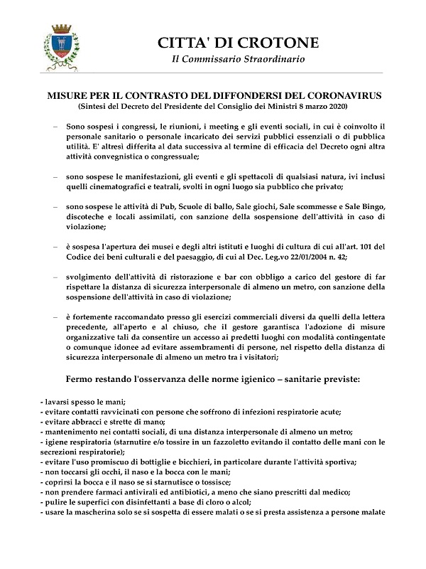 Sintesi del Decreto del Presidente del Consiglio dei Ministri 8 marzo 2020