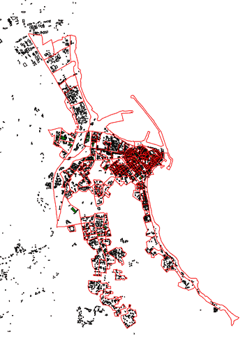 Figura 10. Edifici rilevati (in verde) nell'area obiettivo e zone di censimento Istat. 