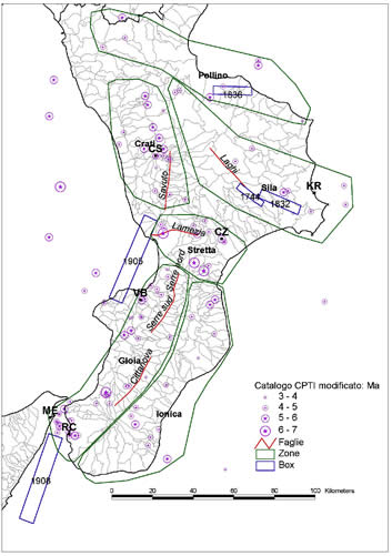 Figura 4. Epicentri dei maggiori eventi sismici, macrozonazione e faglie attive che hanno permesso l'implementazione del metodo ibrido per il calcolo della pericolosità di base