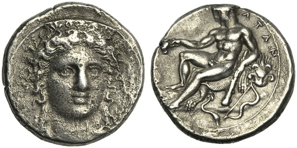 Statere in argento con testa di Hera ed Eracle 